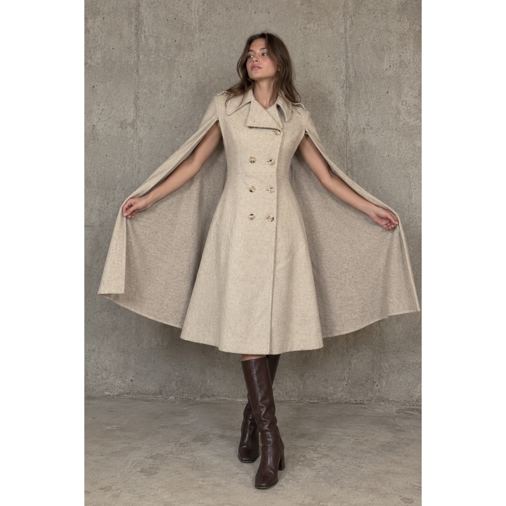 Jules Miller Vintage 70s Wool Cape Coat Double Breasted Oatmeal Beige Womens med